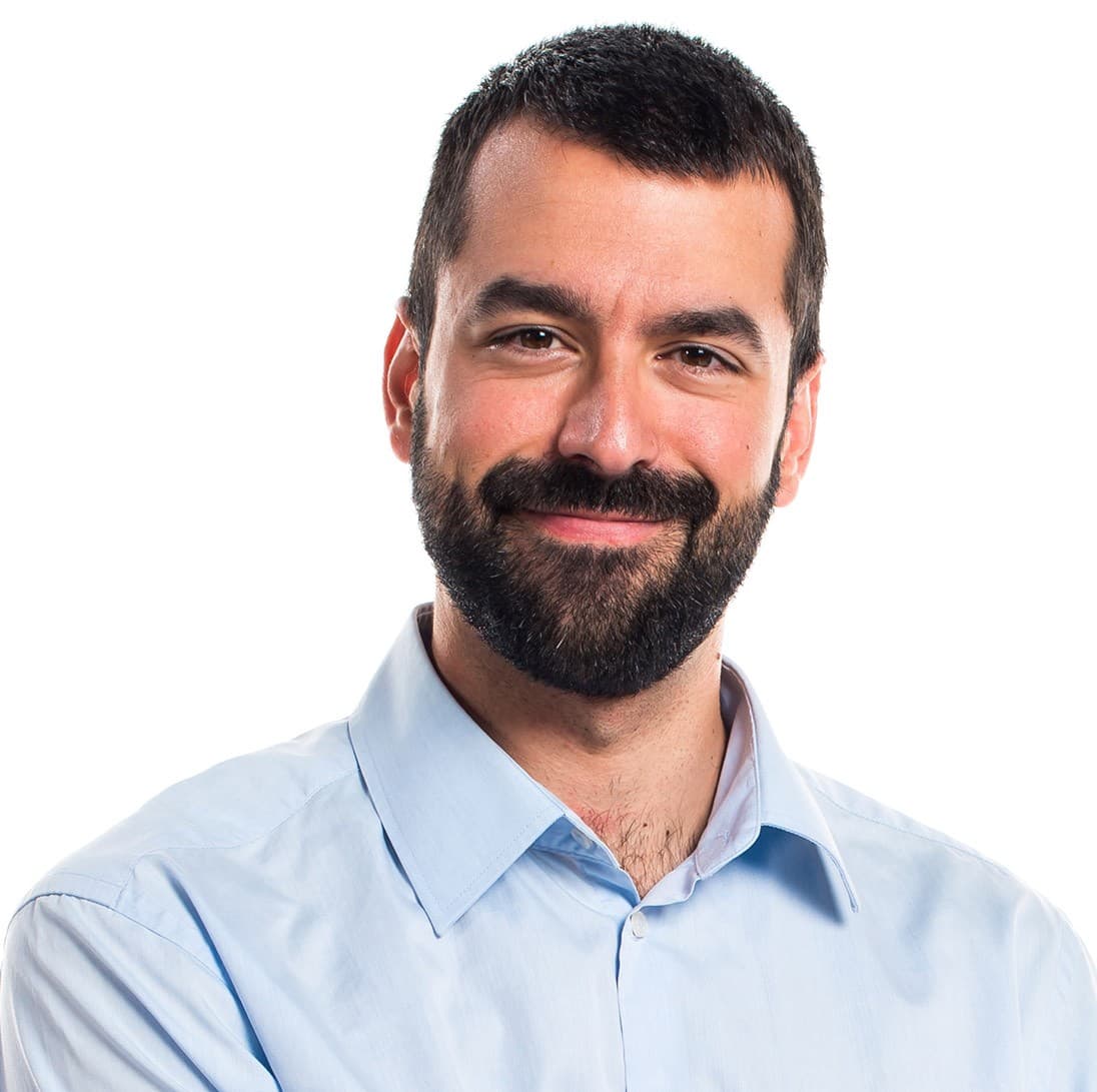 man with short hair, beard and mustache, smiling, in a blue shirt